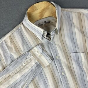Alan Flusser Button Down Shirt Mens XL Blue Brown Striped Business Dress Shirt